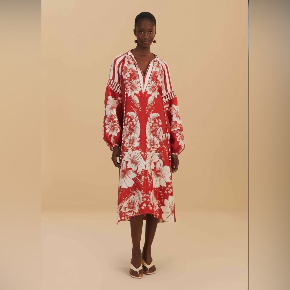Farm Rio Red Floral Chains Stripes Midi Dress - Picture 1 of 11